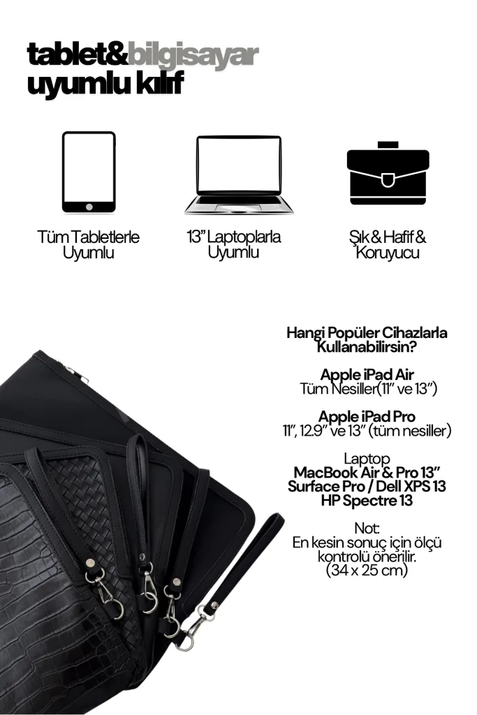 Kroko Desenli Siyah 13 İnç Laptop & Tablet Uyumlu Suni Deri Kılıf