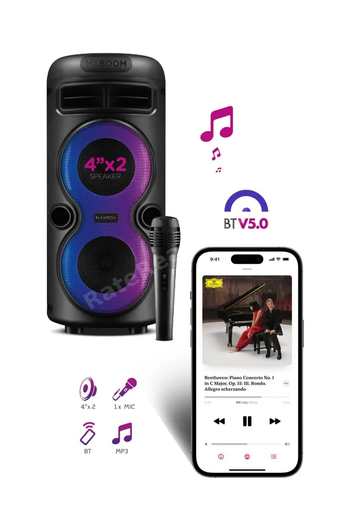 MXBoom Karaoke Mikrofonlu Bluetooth Hoparlör Parti Led Işıklı Ses Sistemi