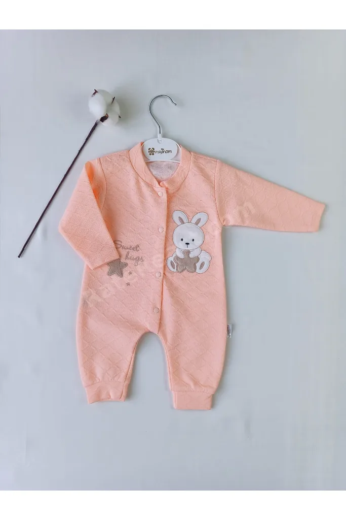 Unisex Bebek Jakarlı Ayıcık Nakışlı Pamuklu Tulum - 1-6 Ay Yenidoğan Manşetli Bebek Tulumu