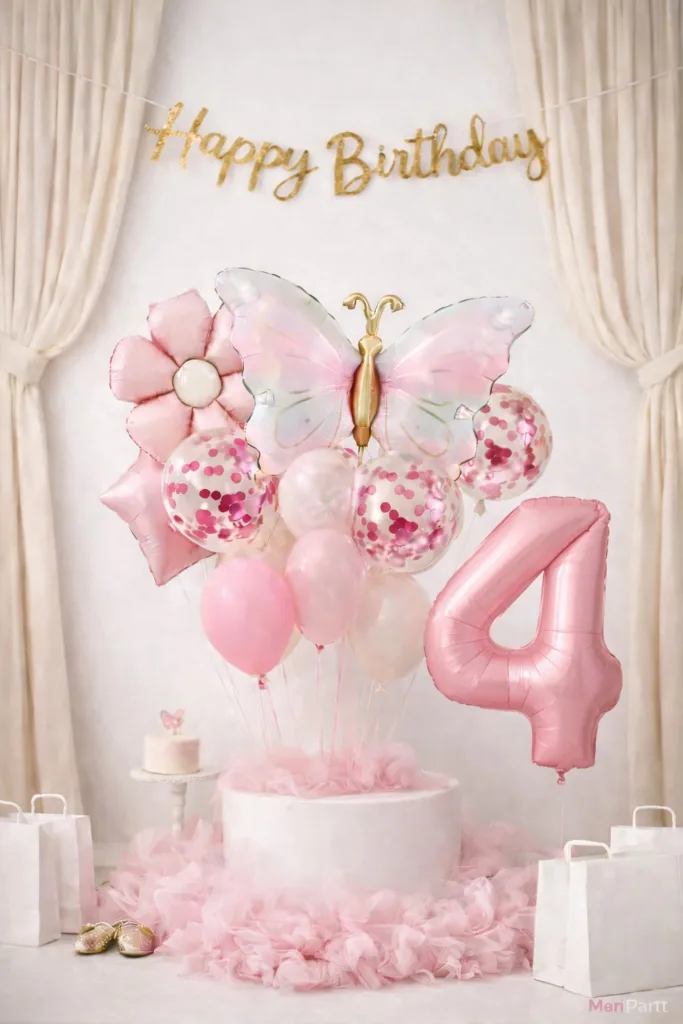 Kelebek Konsept Doğum Günü Balon Seti – Pudra Pembe Gold Happy Birthday Bannerlı Folyo Rakam Balon