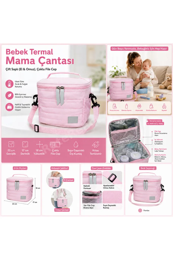Bebek Termal Mama Çantası-Çift Saplı (El & Omuz), Çoklu File Cep