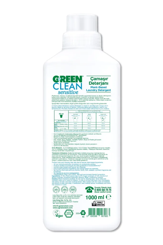 Sensitive Parfümsüz Bitkisel Çamaşır Deterjanı 1000 ml