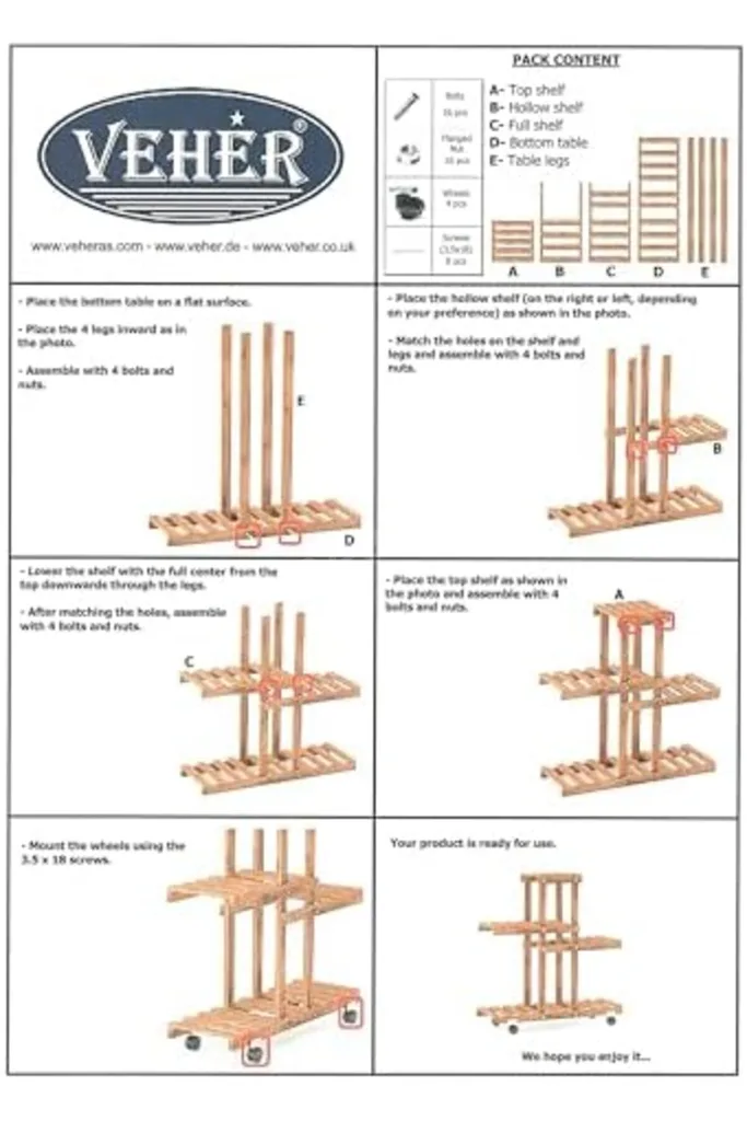 TTKTEKNOLOJİ VEHER Ahşap (Çam) SİYAH Renk 4 Katlı Bitki Standı, Kilitlenebilir Tekerlekler + Mini Ba