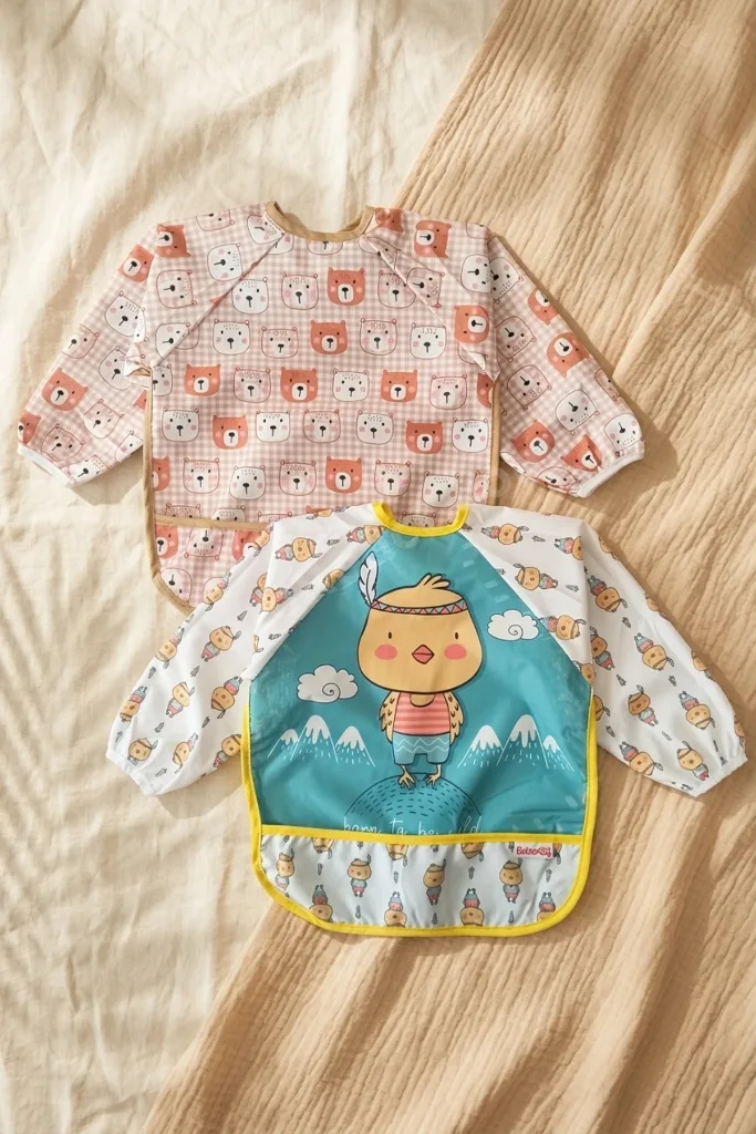 2'li Su Geçirmez Kollu Mama Önlüğü Seti - 6-24 Ay Ayıcık Ve Civciv Desenli, Leke Tutmaz, Elastik Man