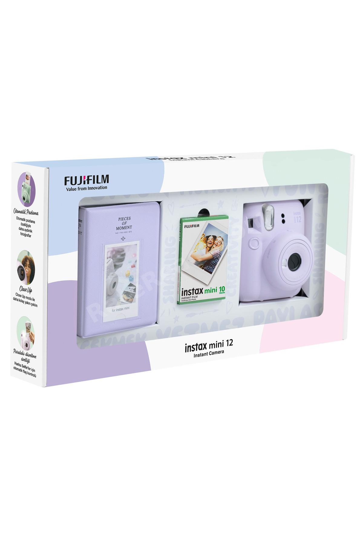 Instax mini 12 Lila Fotoğraf Makinesi 10'lu Film ve PVC Albüm Bundle Box