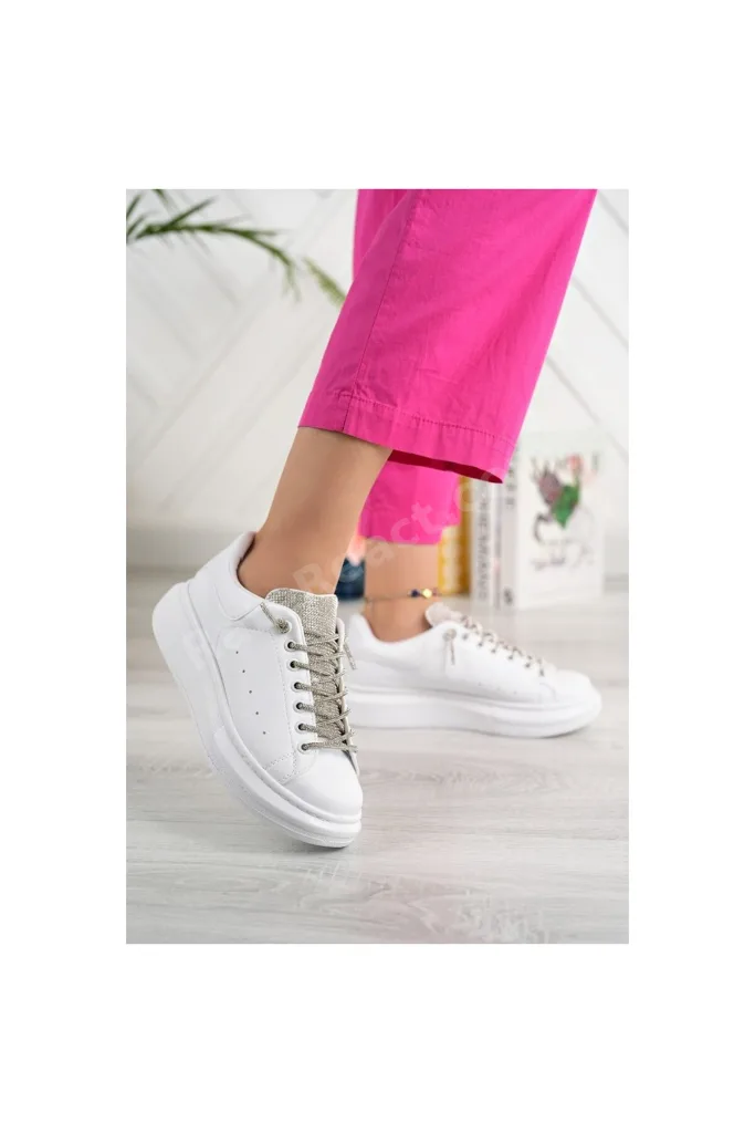 Taşlı Günlük Kullanıma Uygun Kadın Spor Ayakkabı Sneaker Bağcıklı Su Geçirmez Siyah-Beyaz-Mavi