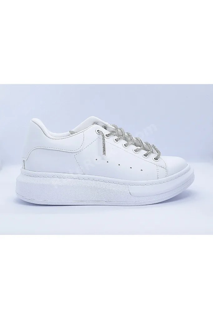 Taşlı Günlük Kullanıma Uygun Kadın Spor Ayakkabı Sneaker Bağcıklı Su Geçirmez Siyah-Beyaz-Mavi