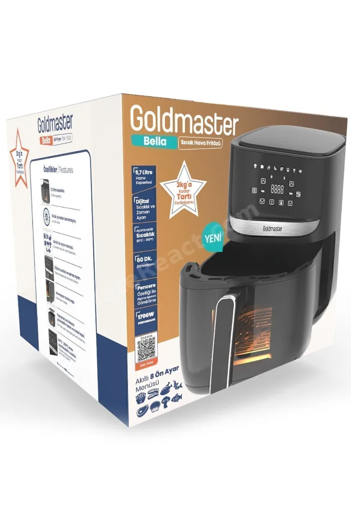 Bella 1700w Xl Dokunmatik Cam Kapaklı Aydınlatmalı 3kg Tartı Fonksiyonlu Airfryer Sıcak Hava Fritözü