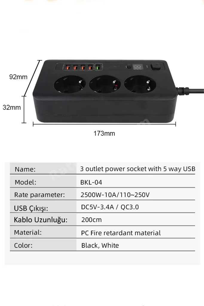 Usb'li Akıllı 3'lü Priz Akım Korumalı Zaman Ayarlı 5 Usb Uzatma Kablosu Beyaz