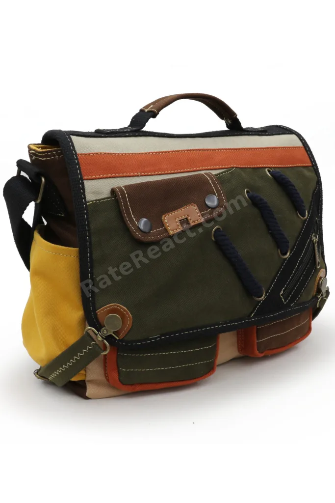 4017 Haki Krem 14" Laptop Pamuk Gabardin Postacı Okul Çantası Unisex Kilitli Çok Cepli Omuz Askılı