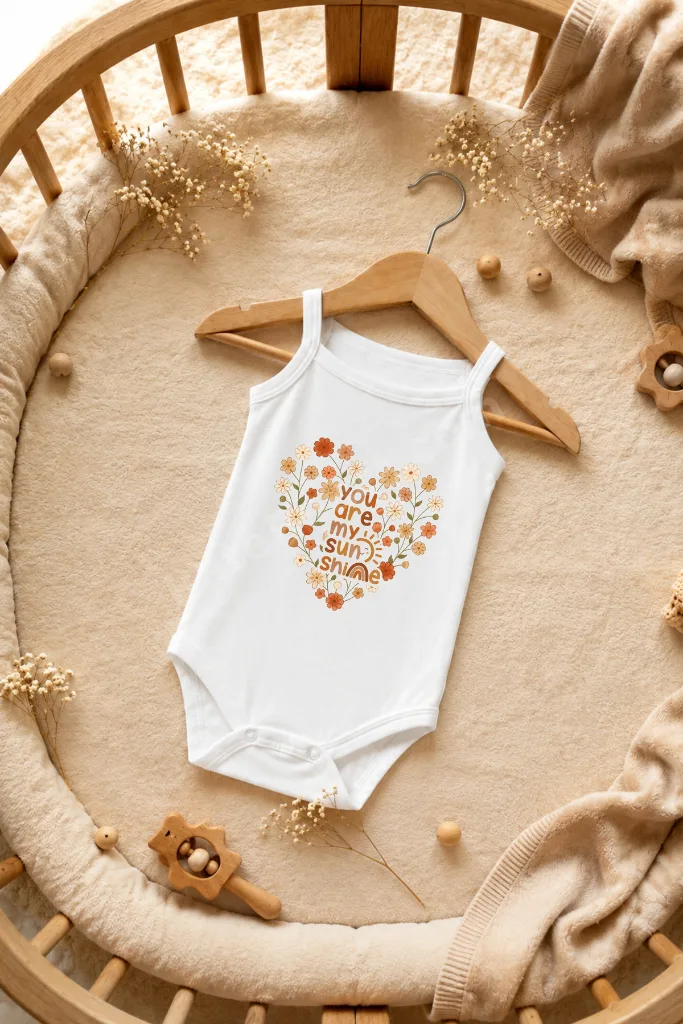 %100 Pamuk Kalp Detaylı You Are My Sunshine Baskılı Bebek Askılı Zıbın Beyaz