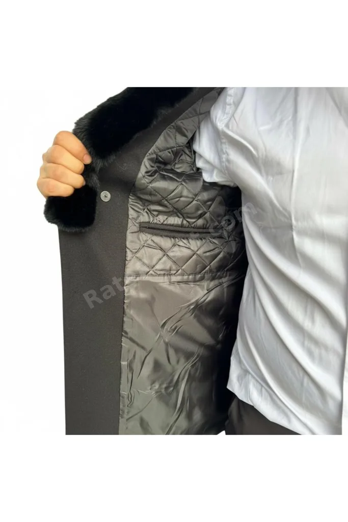 Erkek Uzun Kaşe Kaban – Çıkartılabilir Kürk Yaka, Astarlı ve Cepli Slim Fit Mont (Bej,