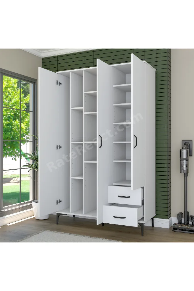 Rani KC105 Banyo Dolabı 3 Kapaklı 13 Raflı 2 Çekmeceli Çok Amaçlı Dolap Beyaz