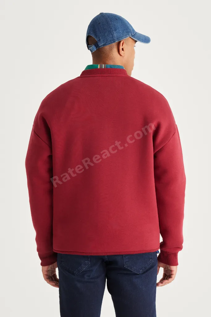 Bordo Oversize Bol Kesim Içi Polarlı 3 Iplik Bisiklet Yaka Pamuklu Sweatshirt