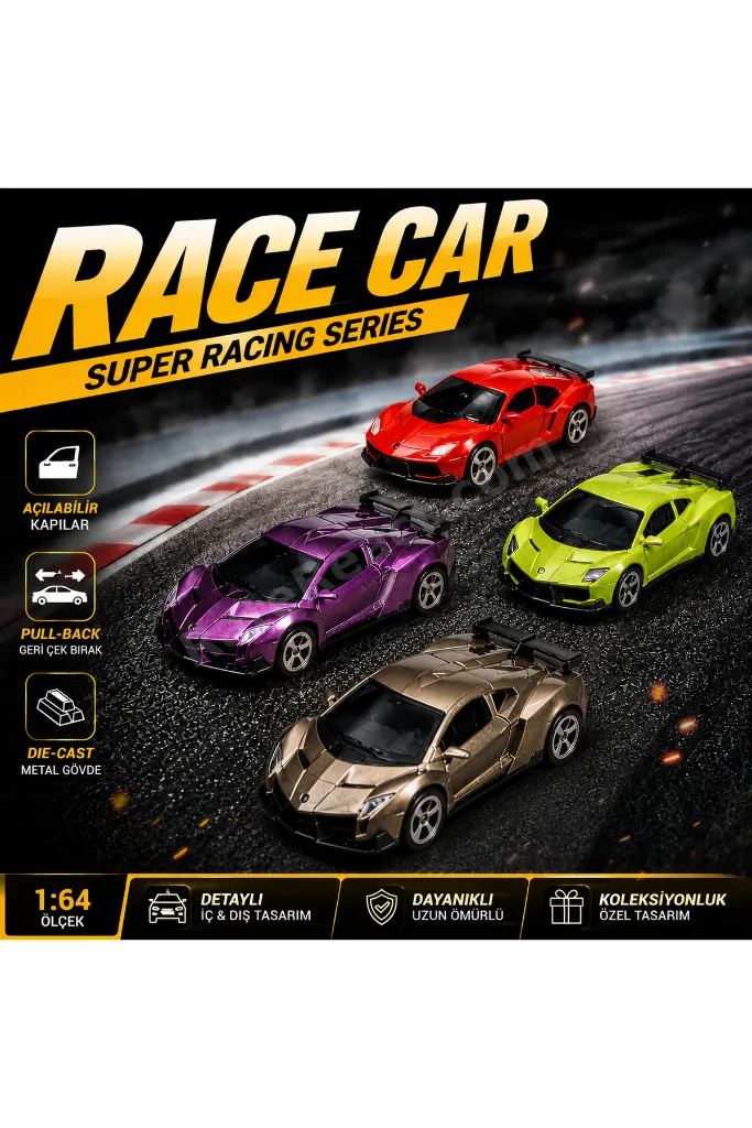 4'lü Die Cast Metal Spor Araba Seti – 1:64 Ölçek - Çek Bırak Mekanizmalı - Açılır Kapı & Bagaj - Kutulu Koleksiyon