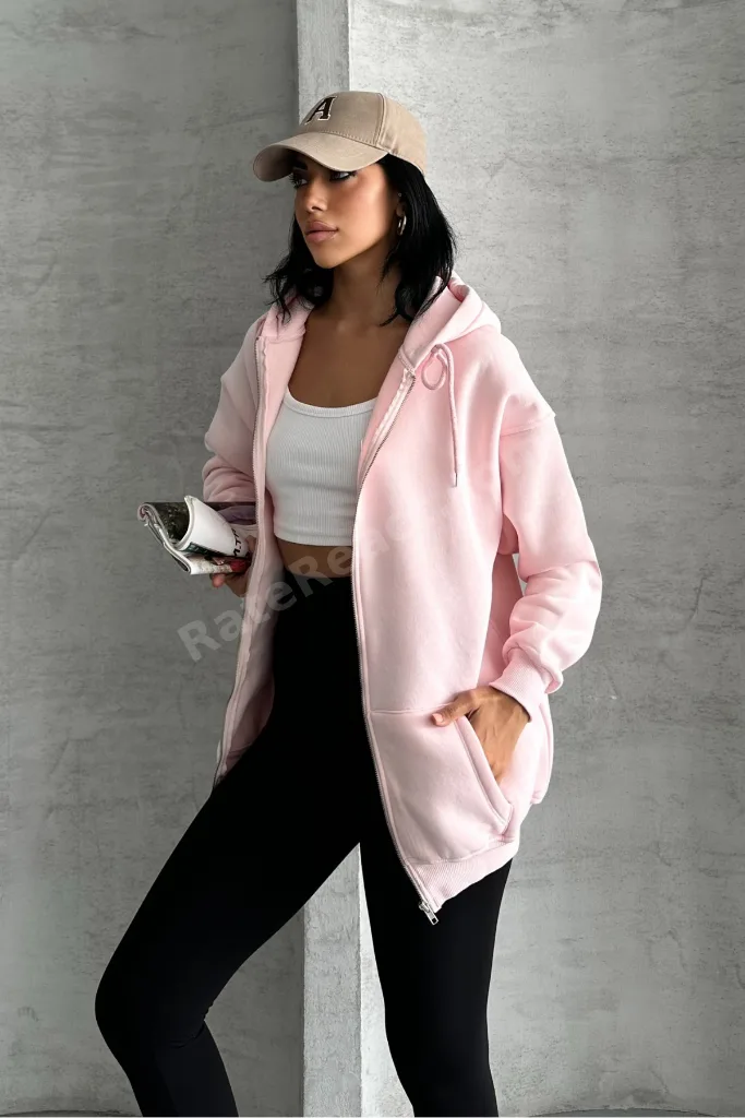 Oversize Kalıp 3 Iplik Şardonlu Metal Fermuarlı Kapşonlu Sweatshirt