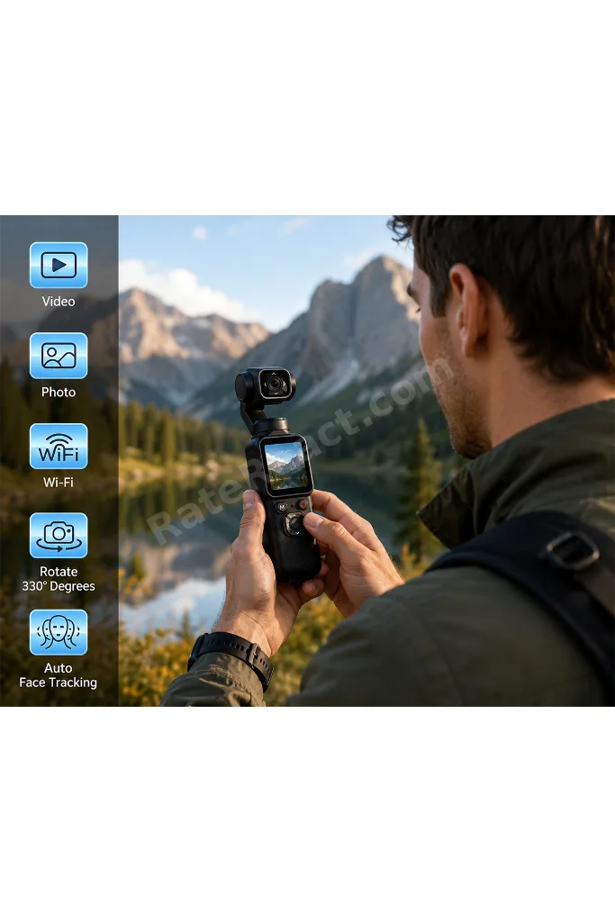 4K Pocket Camera Gimbal Kamera | WiFi Destekli 330° Döner Lensli Akıllı El Kamerası | Yüz Takip Özellikli Mini Vlog Kamerası