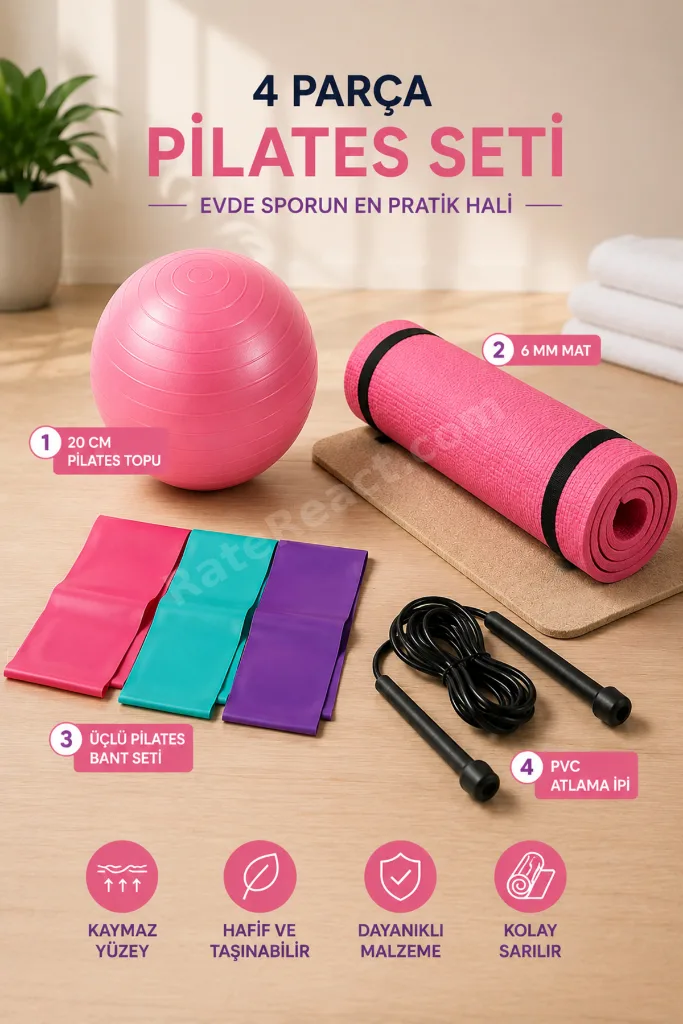 4 Parça Evde Pilates Seti Pilates Matı Pilates Lastiği 20 Cm Pilates Topu Atlama İpi