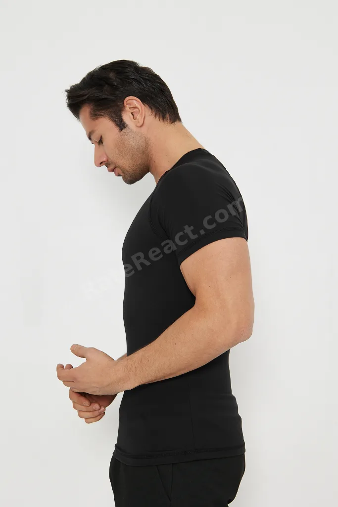Erkek Siyah Kolları Dar Kesim Compression Gym Fitness Spor T-shirt