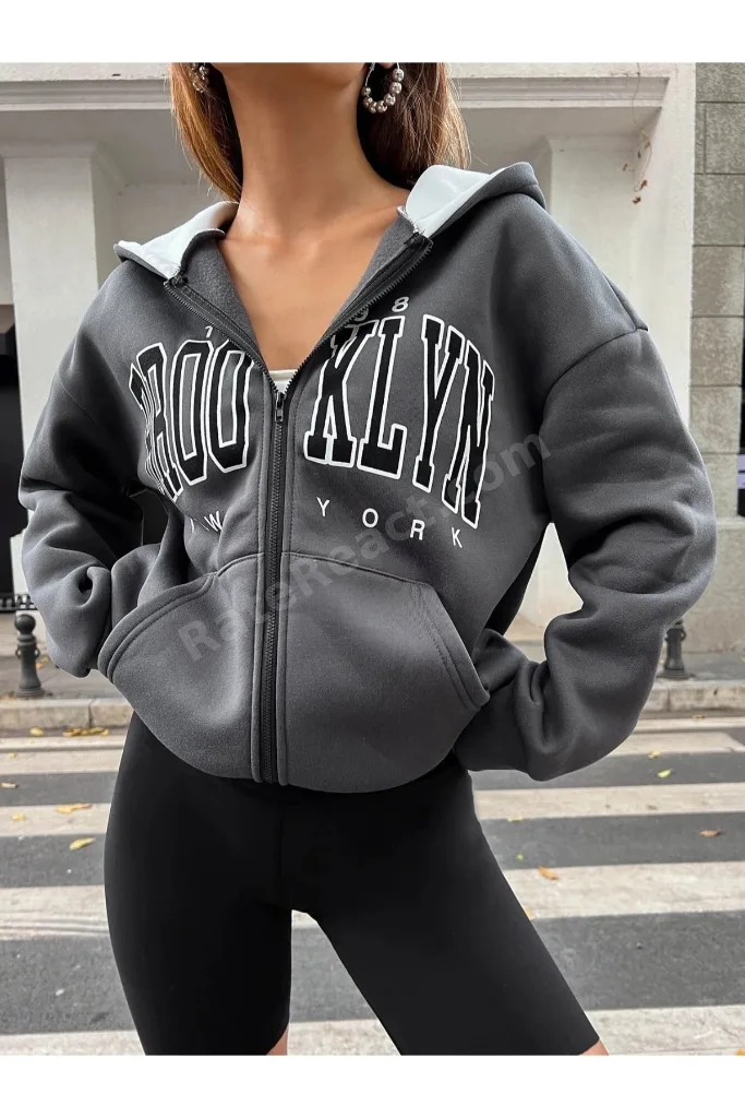 Büyük Beden Unisex Antrasit Renk Fermuarlı Siyah Brooklyn Baskılı 3 İplik Polar Hırka / Ceket