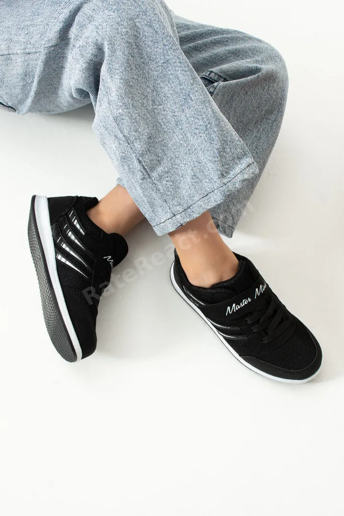 Çocuk Siyah Beyaz Bağcıklı Tek Cırtlı Esnek Hafif Nefes Alabilen Unisex Fileli Sneaker Spor Ayakkabı