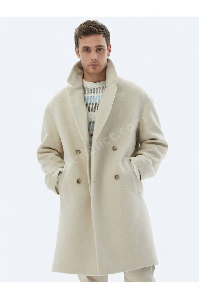 Açık Bej Oversize Fit Kruvaze Yaka Klasik Dokuma Palto