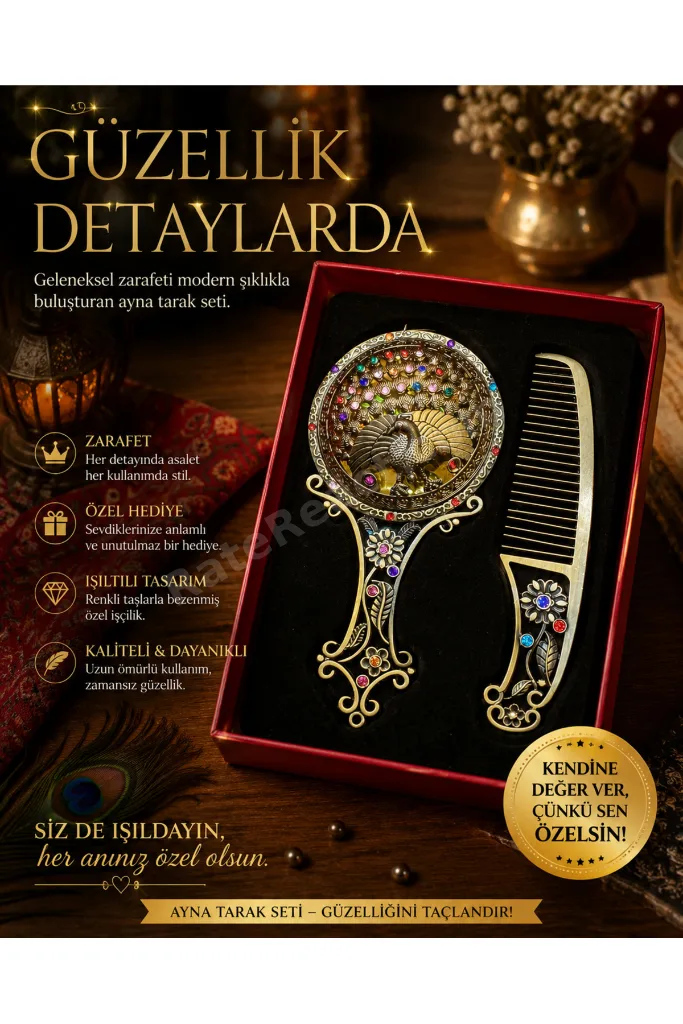 Vintage Tavus Kuşu Desenli Ayna & Tarak Seti – Dekoratif Hediyelik Kadın Bakım Seti