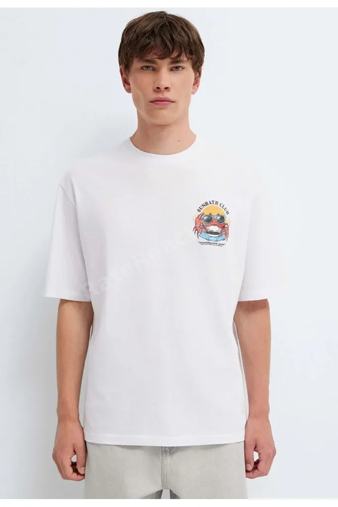 M0613386 Yengeç Baskılı Tişört Erkek T-Shirt BEYAZ