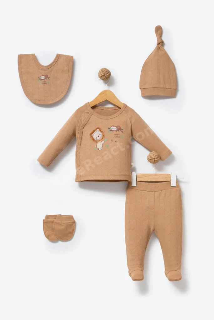 %100 Organik Pamuk Kumaş Baby Jungle Nakışlı 5 Parça Yenidoğan Hastane Çıkış Seti