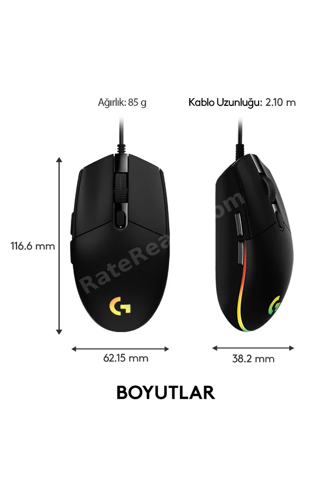 G G102 LIGHTSYNC RGB Aydınlatmalı 8000 DPI Kablolu Oyuncu Mouse, Siyah 910-005823