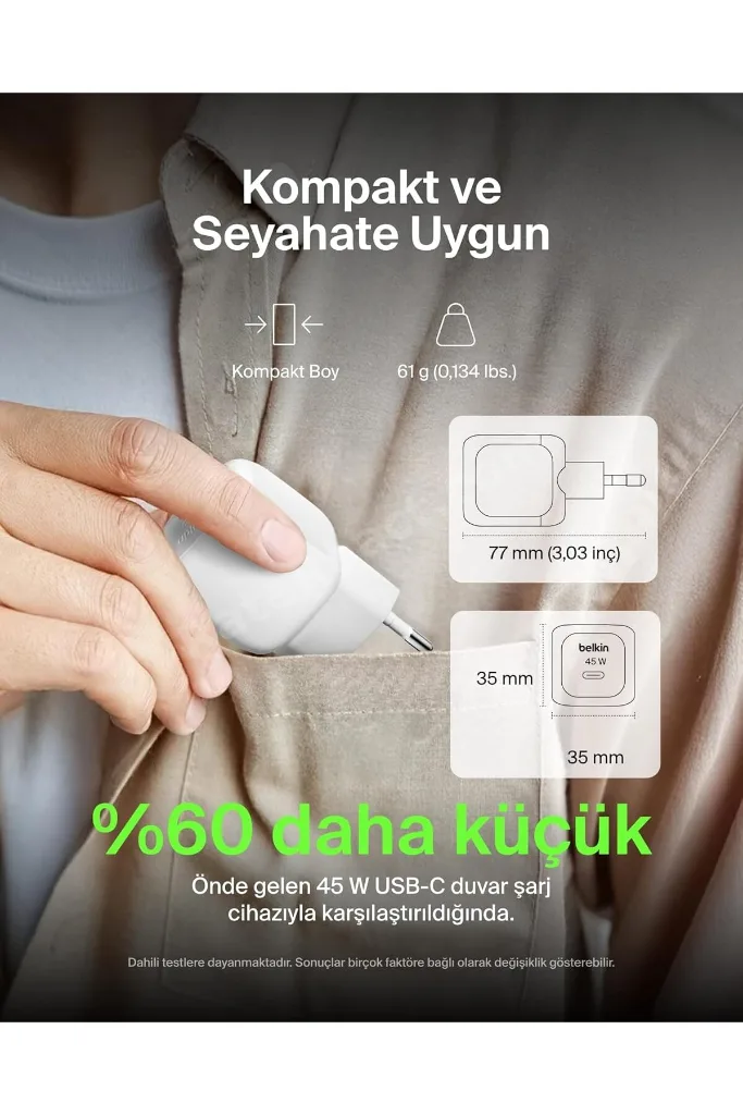 Kompakt 45 W USB-C Güç İletimli Hızlı Şarj Aleti, Beyaz