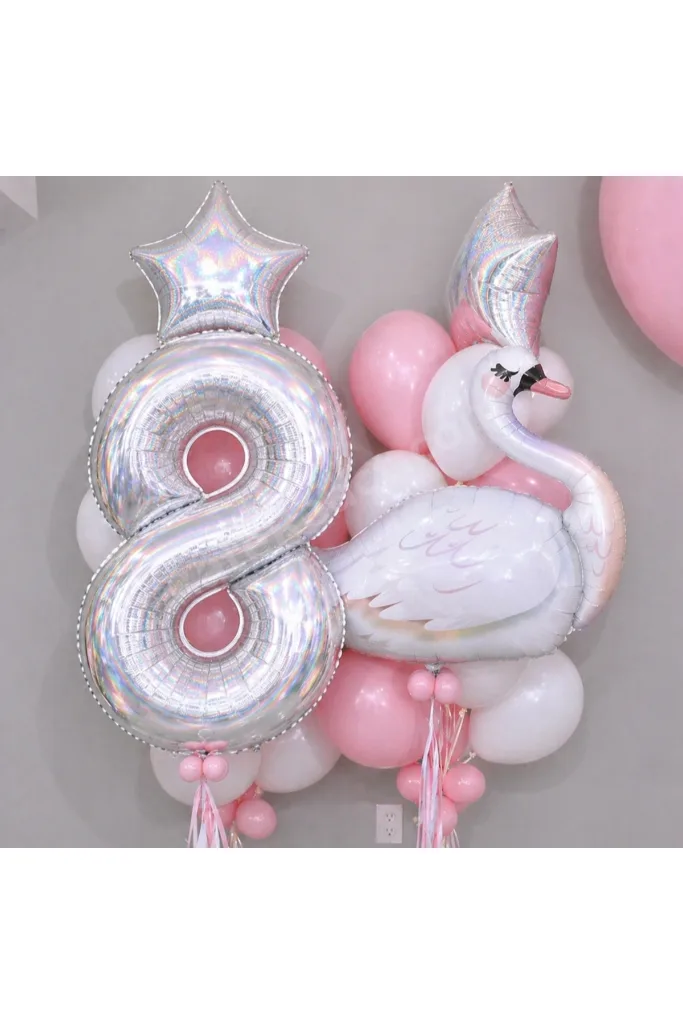 Beyaz Kuğu Doğum Günü Partisi Seti - Yaş Günü Konsepti - Beyaz Kuğu, Pembe ve Beyaz Makoron Balon