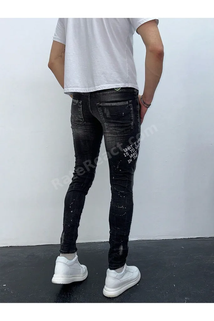 Erkek Füme Yazı Baskılı Yırtık Detay Slim Fit Skinny Jean Pantolon