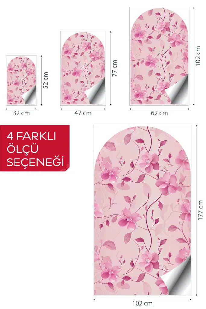 Kendinden Yapışkanlı Oval Kesim Pembe Çiçekler Duvar Kağıdı Stickeri, Kolay Uygulama Su Geçirmez