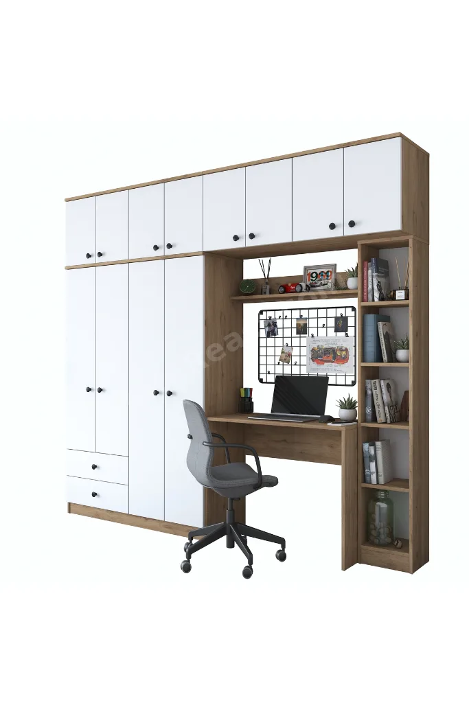 Rani Ba122 Geniş Gardırop Elbise Dolabı + Çalışma Masası + Kitaplık Sepet Ceviz - Beyaz 216 X 240 Cm
