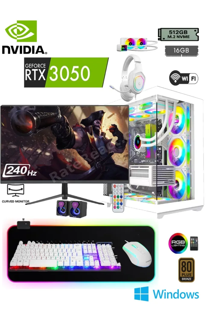 Armor W65 Ryzen 5 5500 16GB Ram 512GB M2 SSD RTX3050 24'' 240Hz Beyaz Sıvı Soğutmalı Masaüstü Oyun Bilgisayarı