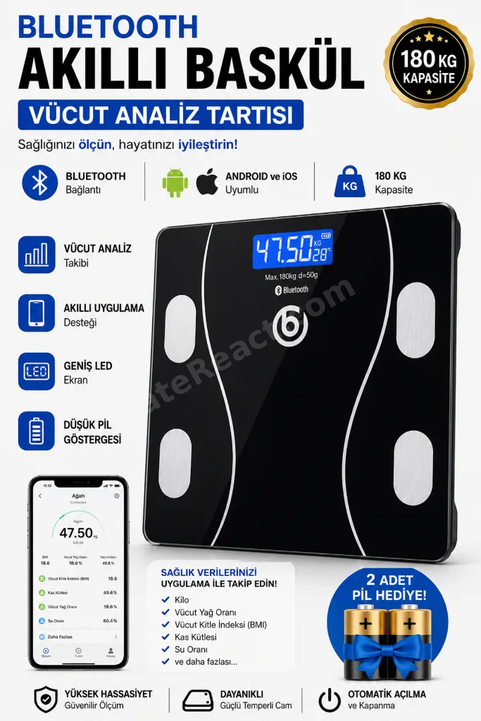 Dijital Baskül Bluetooth Vücut Analiz Tartısı - Akıllı Yağ Ölçer - Android iOS Uyumlu 180 KG