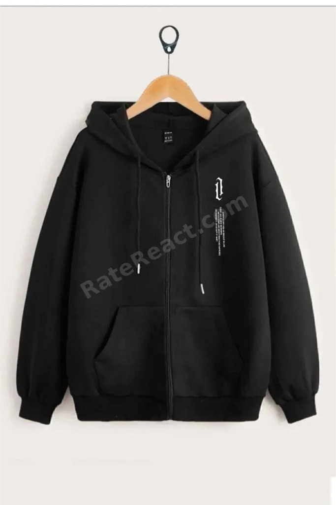 Dikey Hırka - Siyah Baskılı Kışlık Oversize Kapüşonlu Fermuarlı Cep Detaylı Hırka