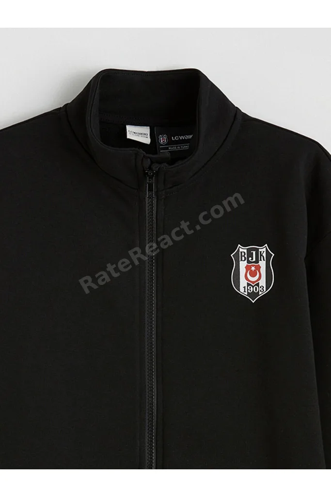Siyah Dik Yaka Beşiktaş Baskılı Erkek Çocuk Fermuarlı Sweatshirt