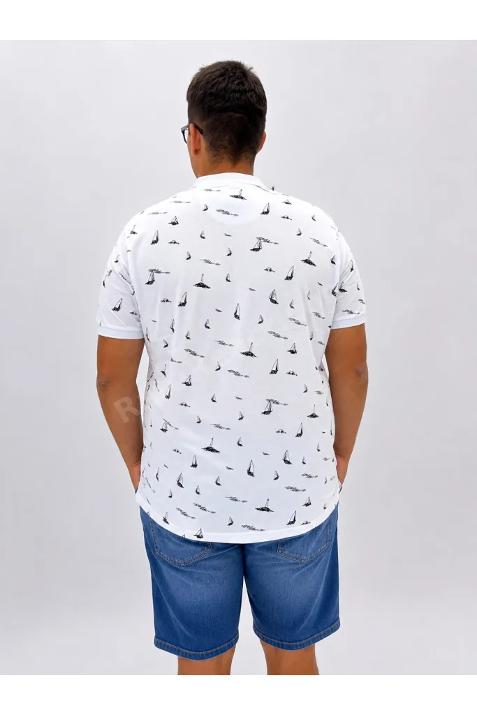 Büyük Beden Polo Yaka Düğmeli Yelken Figür Baskılı Erkek Tshirt