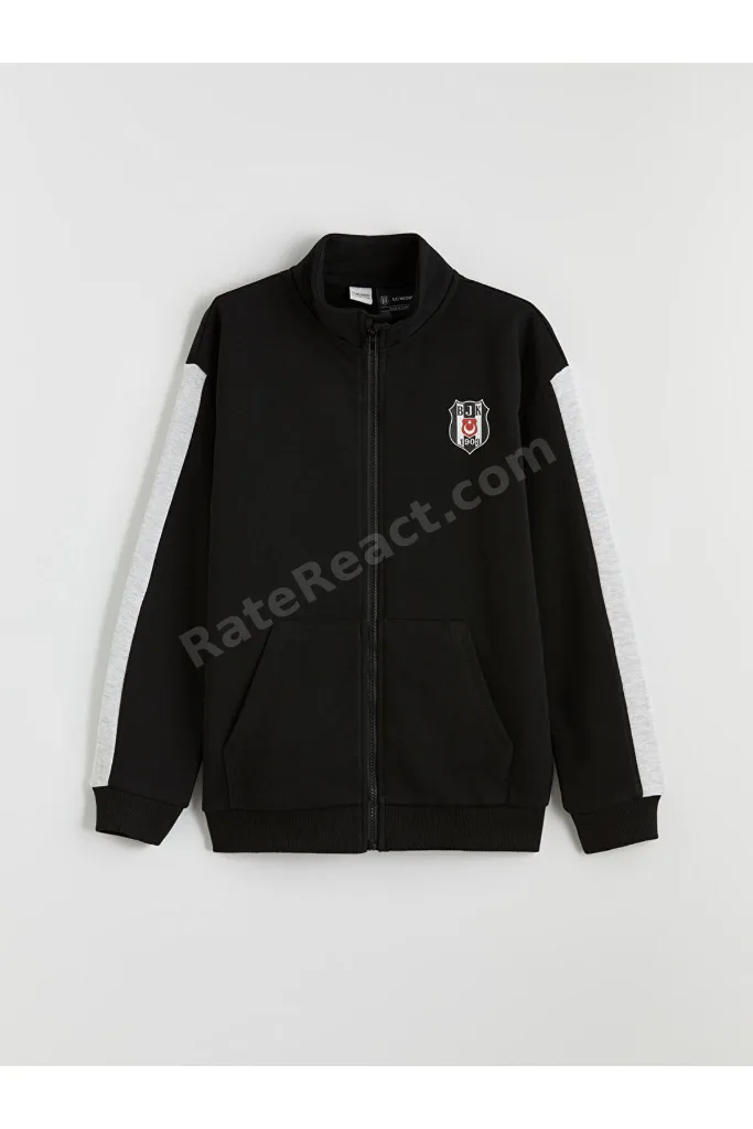 Siyah Dik Yaka Beşiktaş Baskılı Erkek Çocuk Fermuarlı Sweatshirt