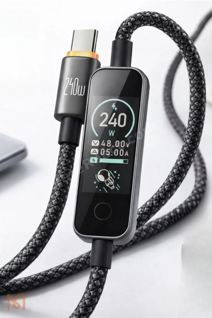 CabVision 240W Usb -C To Usb-C TFT Ekranlı Dokunmatik Mod 1.2 Metre Siyah Örgü Şarj Ve Data Kablosu
