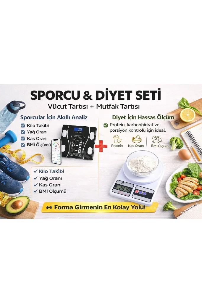 Spor Diyet 2 Li Set Akıllı Dijital Vücut Tartısı+Hassas Mutfak Tartısı Seti LCD Ekran 180 Kg / 10 Kg
