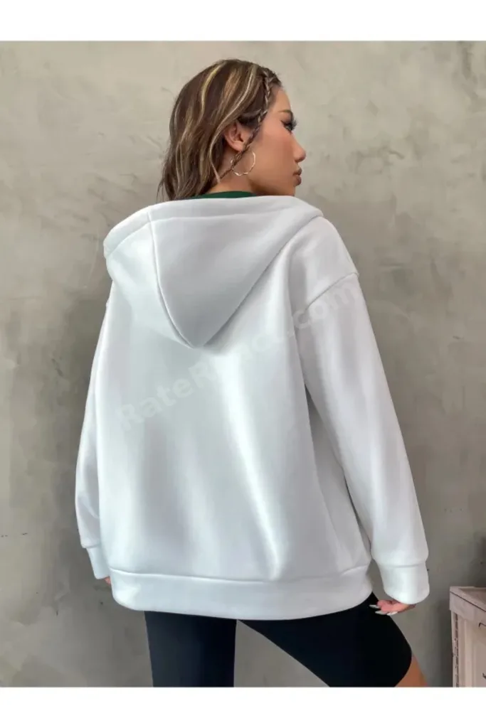 Büyük Beden Unisex Beyaz Renk Fermuarlı Pembe Brooklyn Baskılı 3 İplik Polar Hırka / Ceket