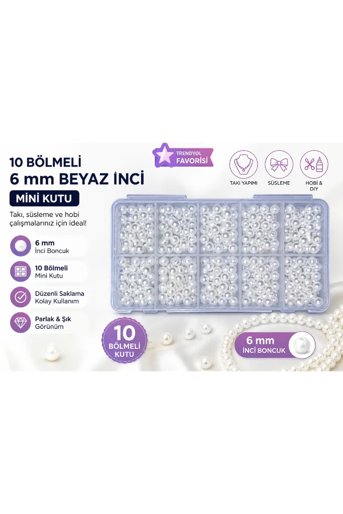 10 Bölmeli Mini Kutuda 6 mm İnci Boncuk Beyaz İnci Bileklik Kolye Yapımı Malzeme