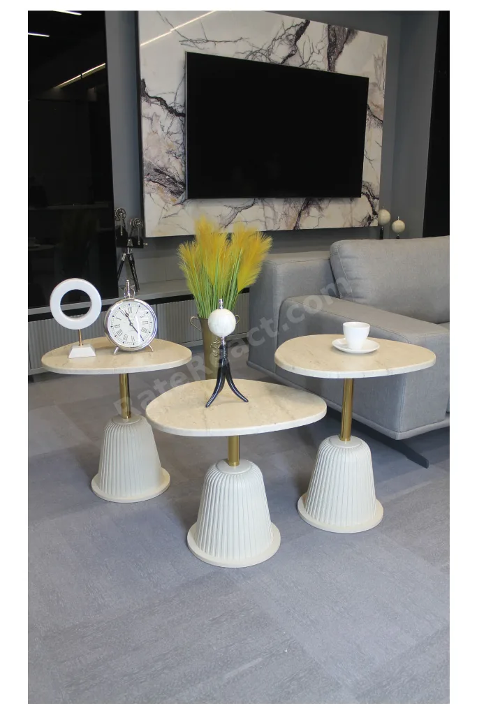 Torino Zigon Sehpa Traverten Mdf (Komple Krem - Gold) - Zigon Sehpa 3'lü