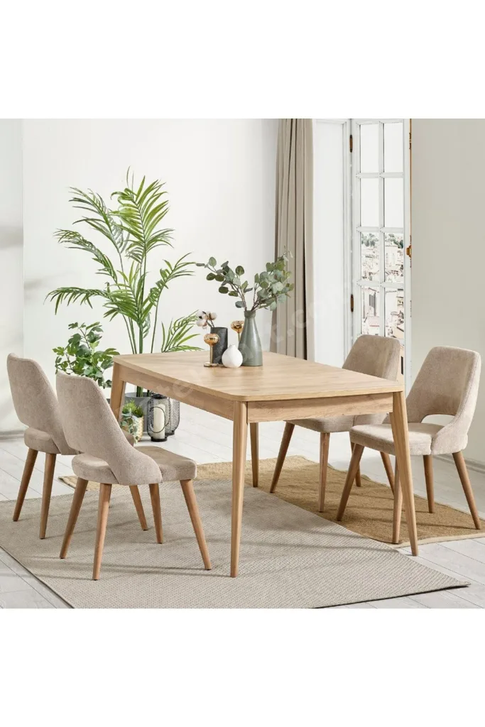 Orin 80x132 Mdf Meşe Masa 4 Krem Sandalye