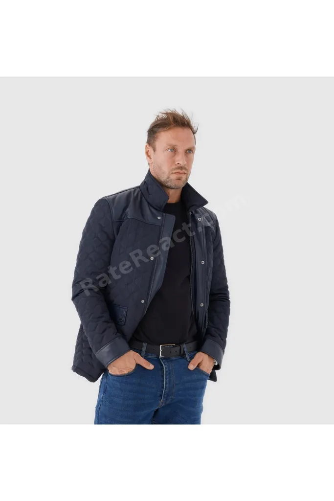 Lacivert Hakiki Deri Erkek Kapitone Deri Mont [810015]