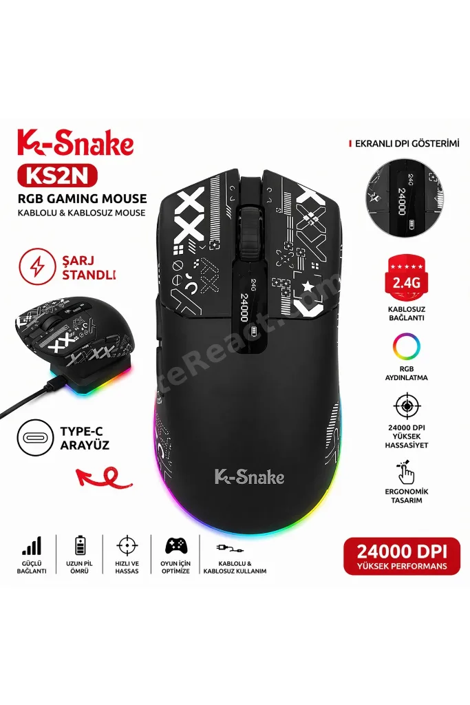 RGB Gaming Mouse 24000 DPI Kablosuz 2.4G Bluetooth Type-C Şarjlı Oyuncu Mouse Şarj Standlı