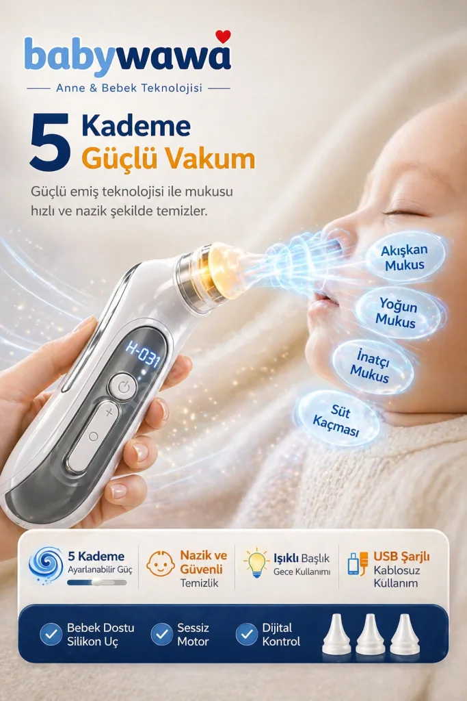 H-031 Şarjlı Kendini Temizleyen 5 Kademe Burun Aspiratörü 0-12 Yaş Işıklı Müzikli Nasal Aspiratör